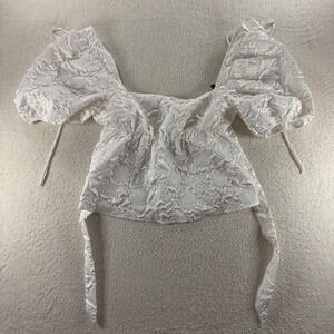 White Floral Embossed Puff Sleeve Tie Front Square Neck Crop Top Fairy Ren Faire